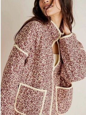 Floral Teddy Jacket in Mauve Pink with Cream Trim